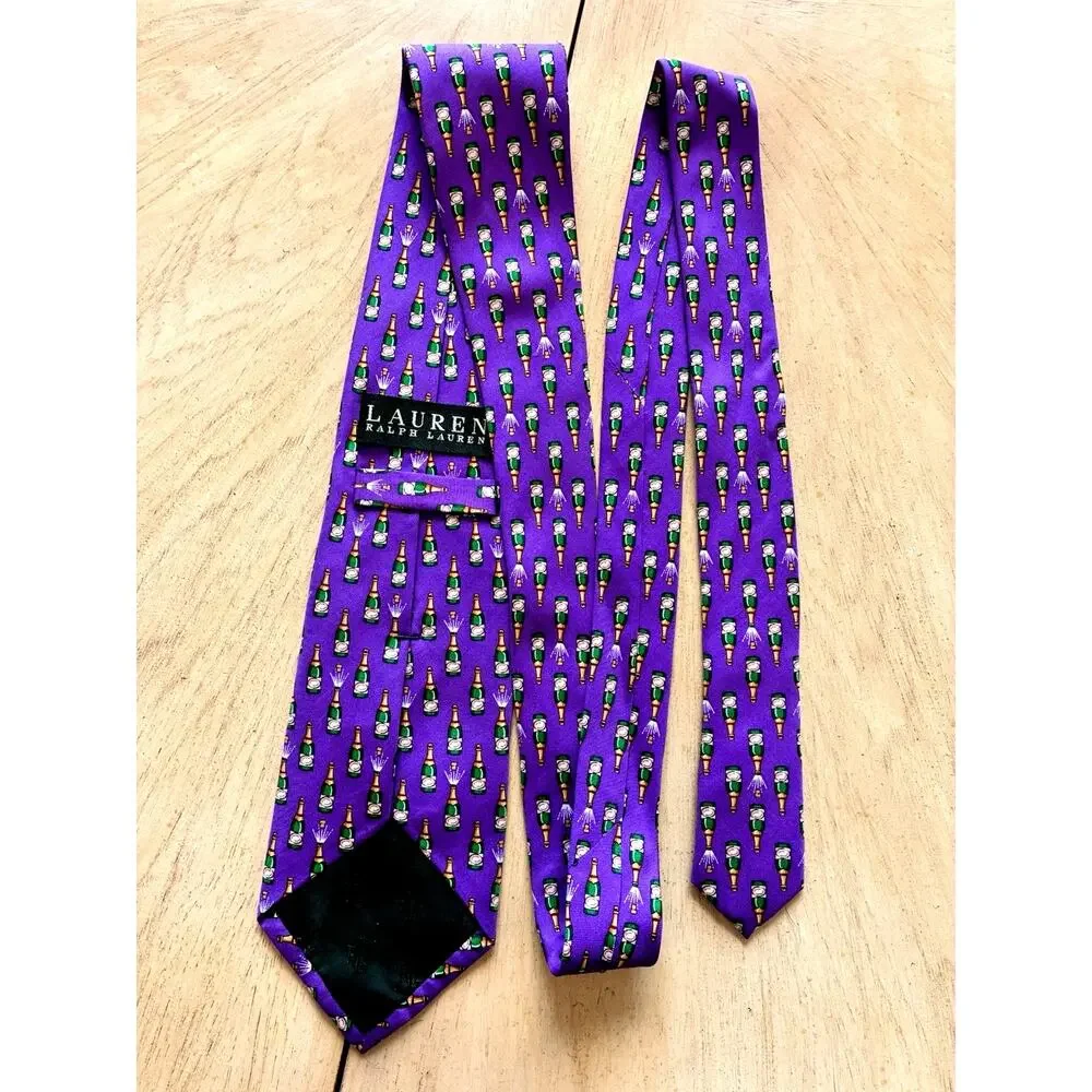 VTG Ralph Lauren Purple Champagne Bottle Necktie 100% Silk Novelty Tie